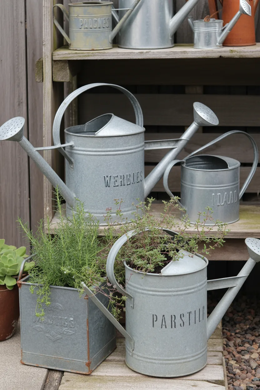 Vintage Watering Can Collection as Garden Art