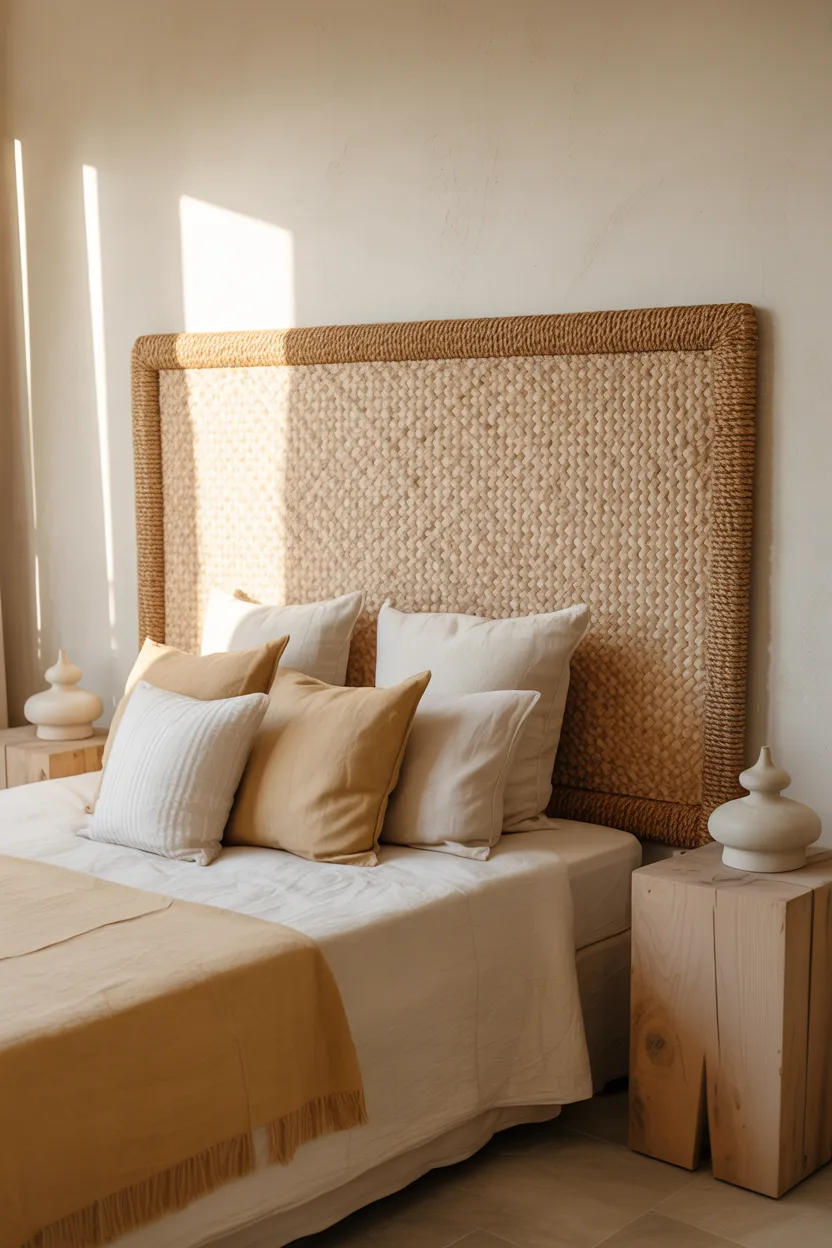 Woven Seagrass Headboard With Linen Bedding and Timber Nightstands