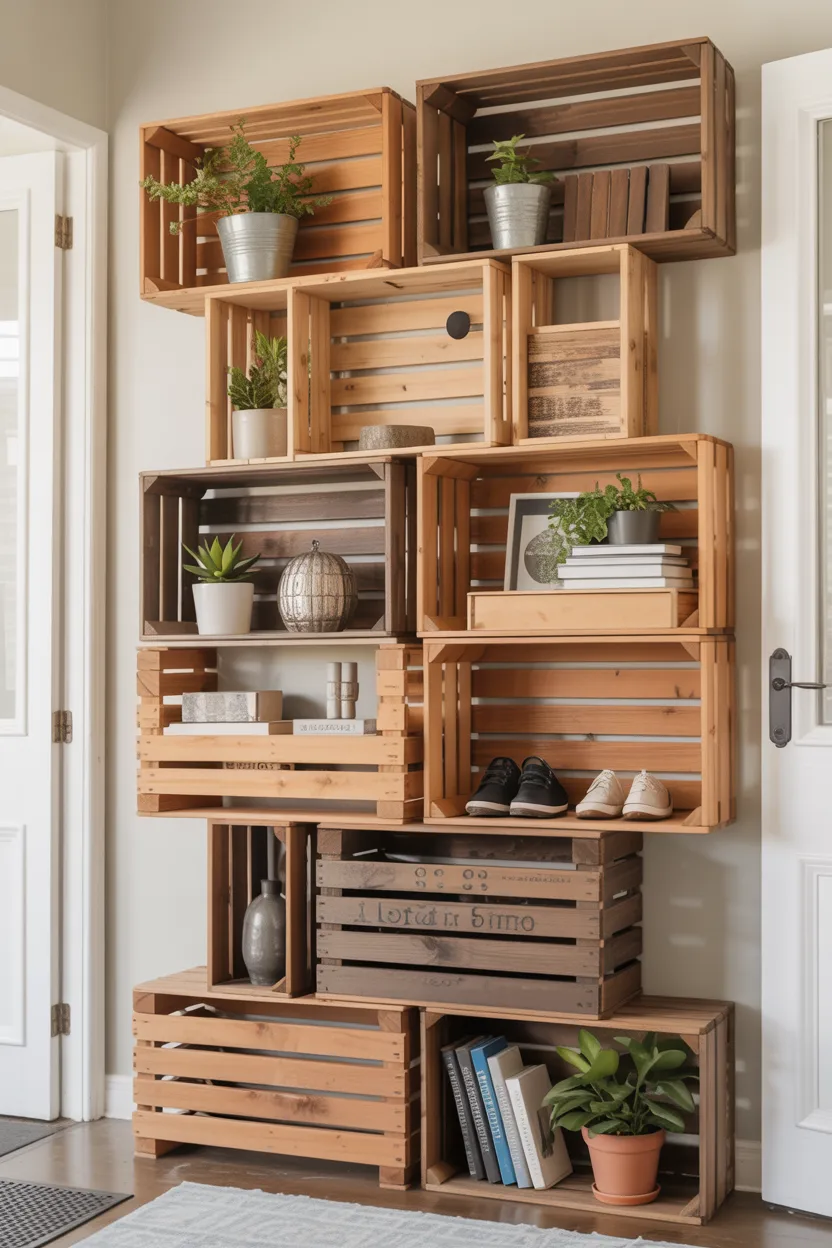 Stack Wooden Crates as an Eclectic Entry Shelf Divider