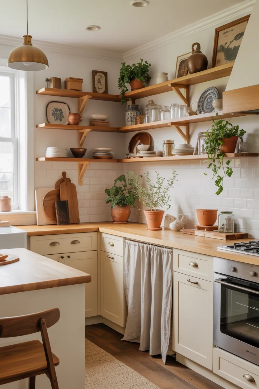 Farmhouse Cottage Kitchen Ideas Shaker Cabinets in Warm Cream With Open Timber Shelving