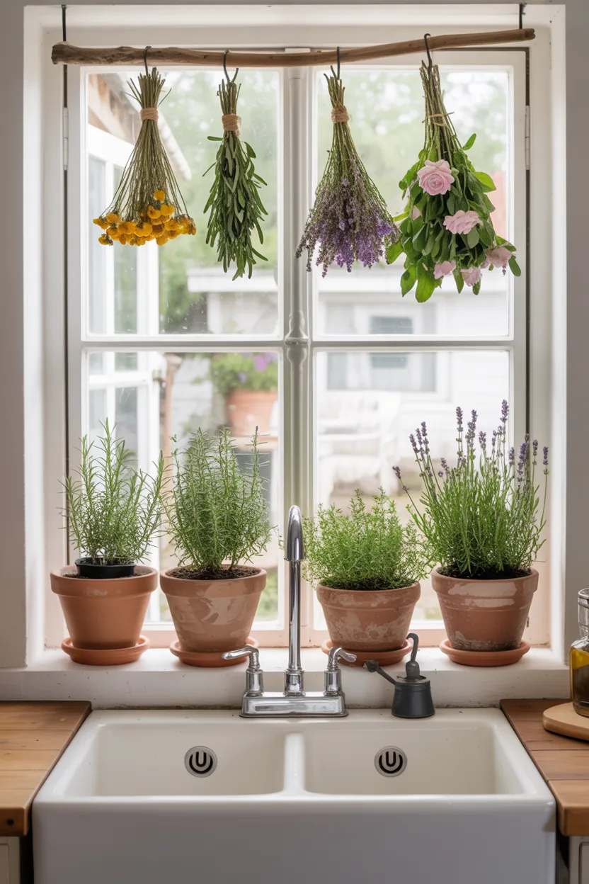 Kitchen Garden Window With Potted Herbs and Hanging Dried Flowers