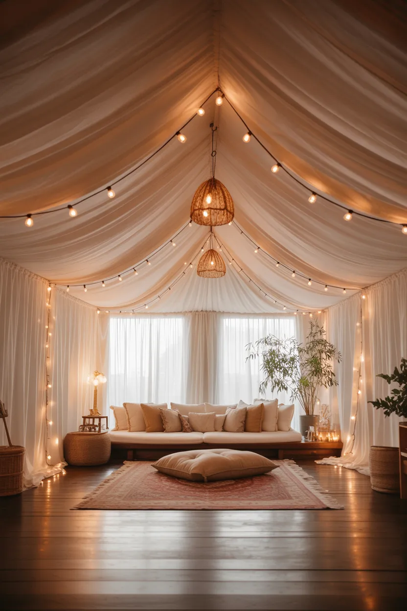 Boho Living Room With Sheer Canopy and Fairy Lights