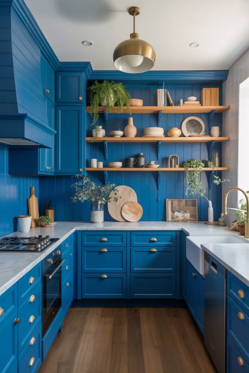 Colorful Apartment Ideas Cobalt Blue Kitchen Cabinets With Brass Hardware