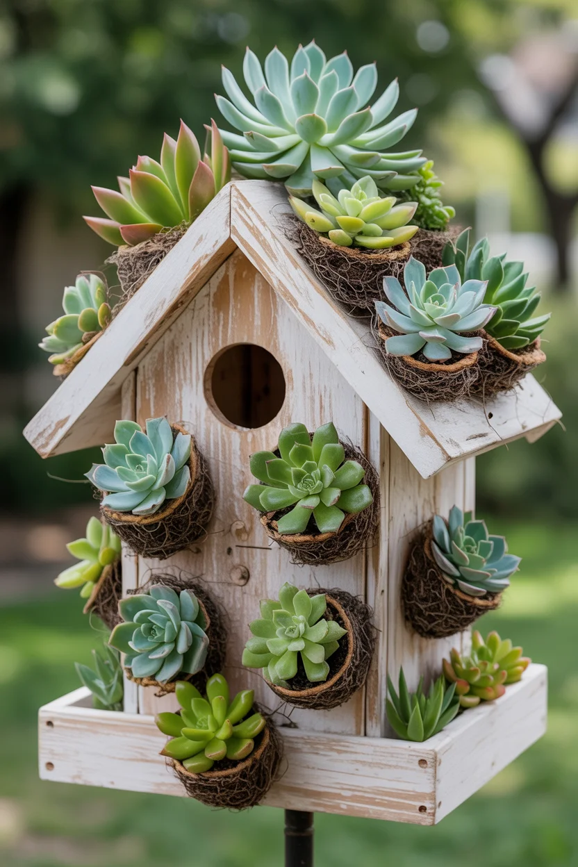 Succulent-Adorned Birdhouse With Living Decorations