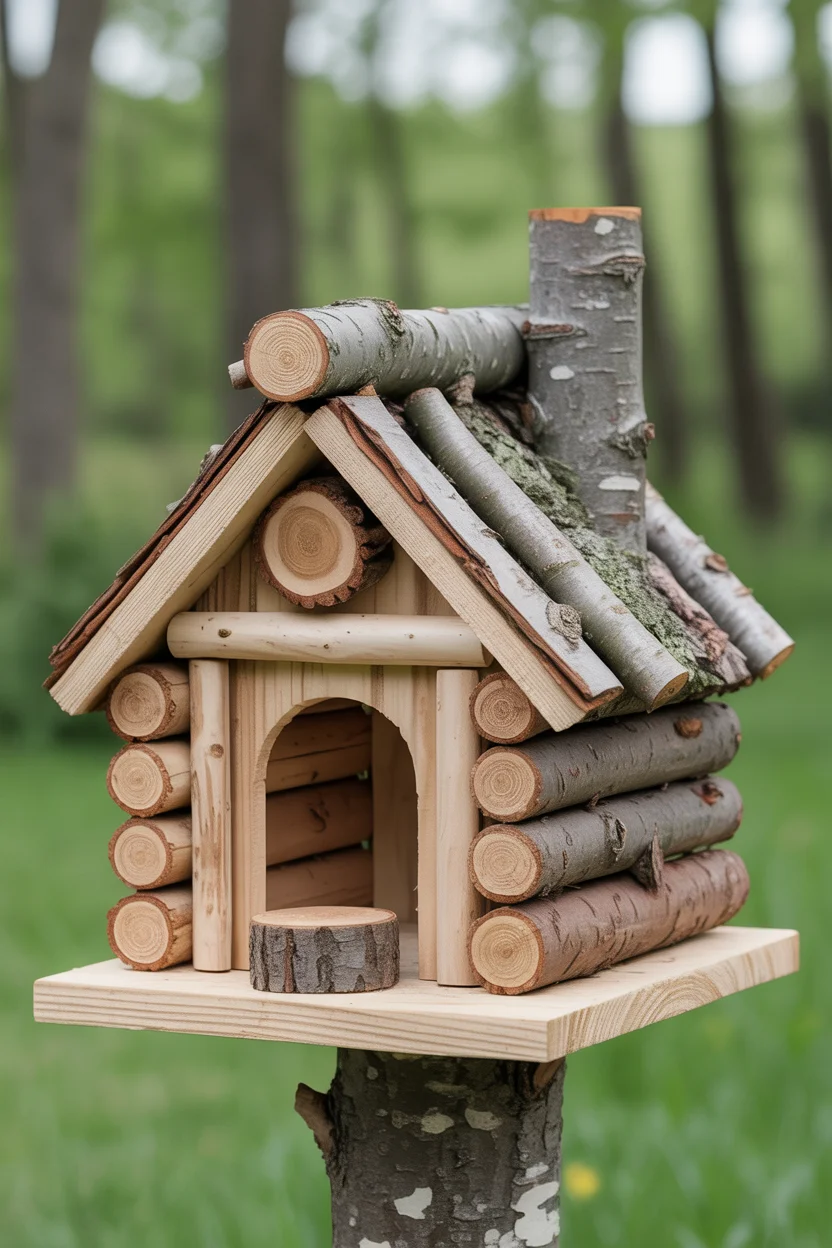 Rustic Log Cabin Birdhouse With Natural Bark