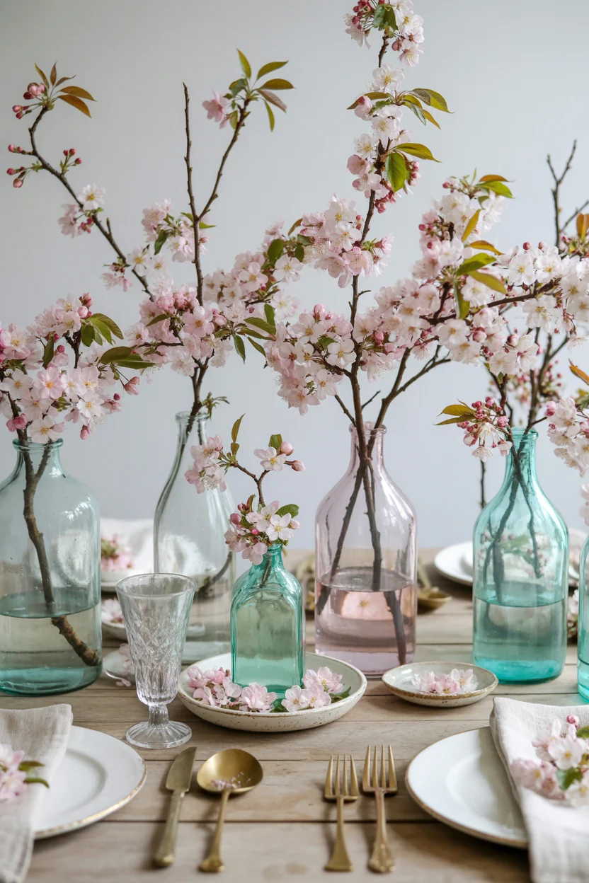 Spring Blossom Branch Table in Vintage Bottles