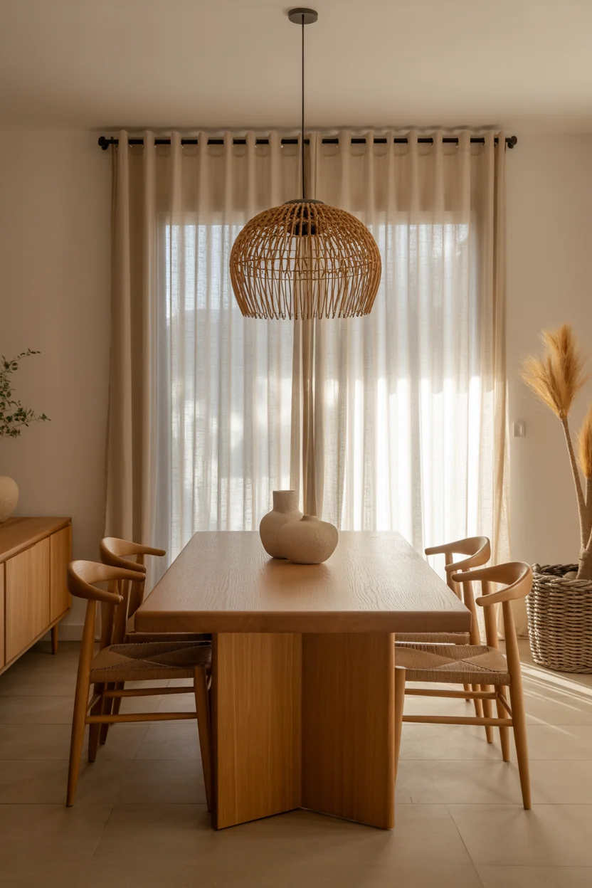 Minimalist Wood Table with Sculptural Pendant Light