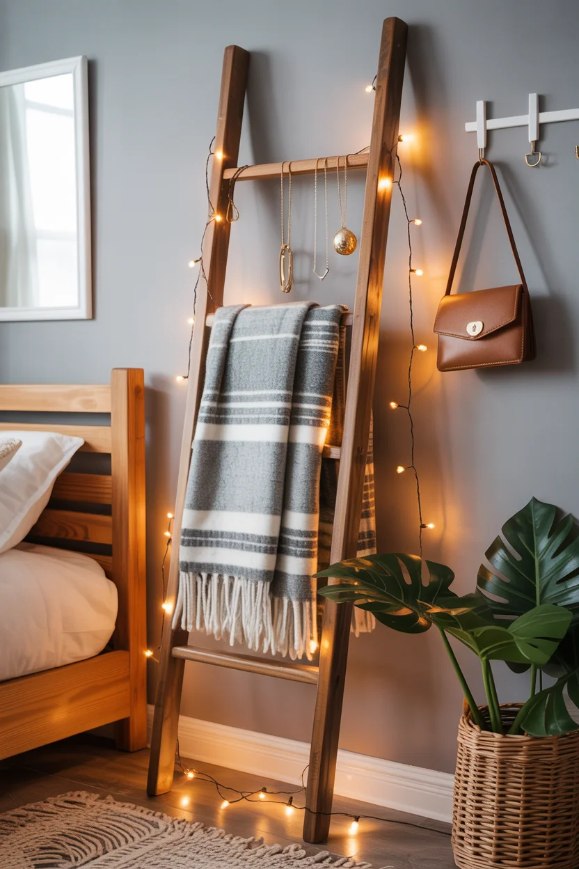 Transform a Ladder Into a Blanket and Accessory Display