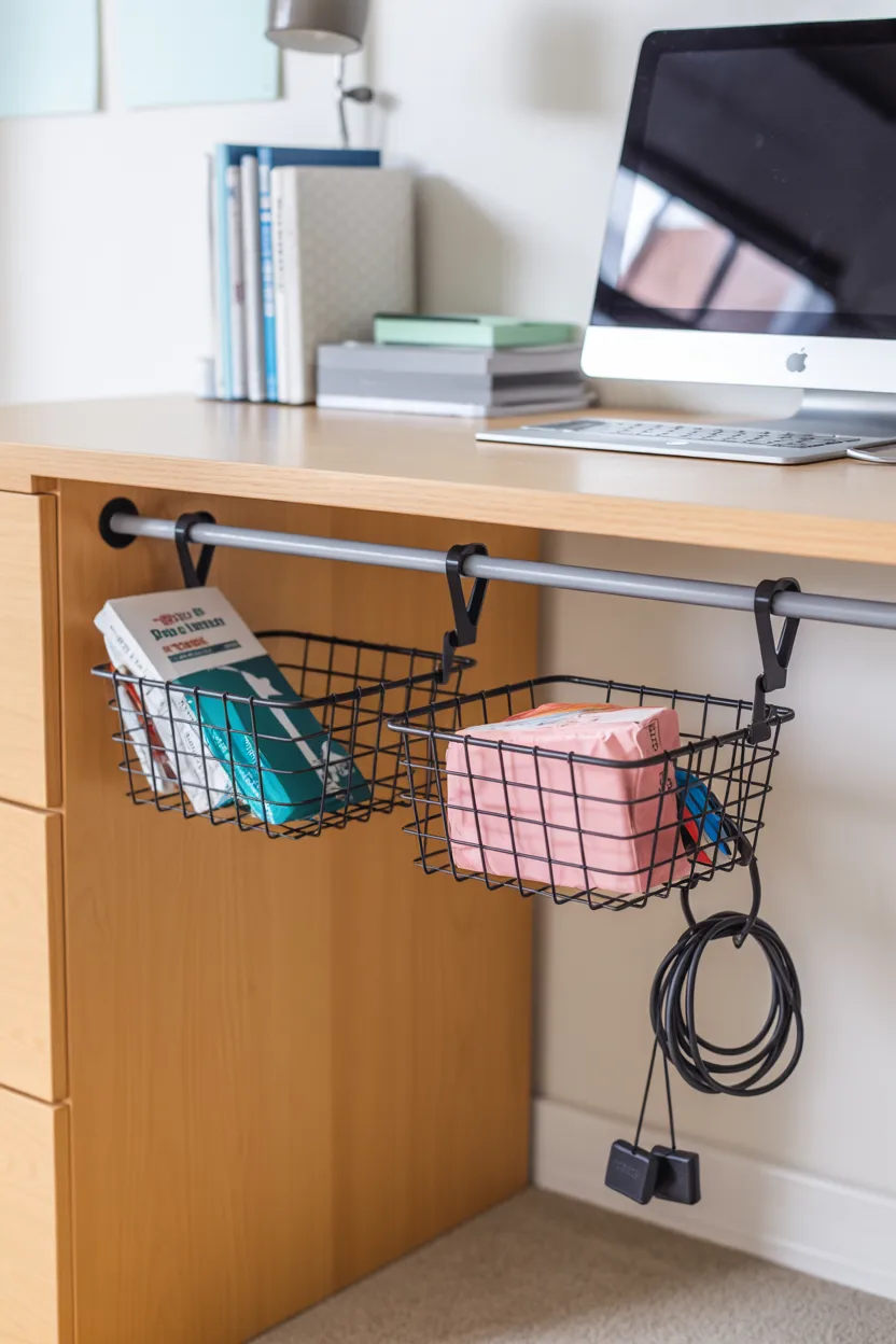Use a Tension Rod Under the Desk for Hanging Storage