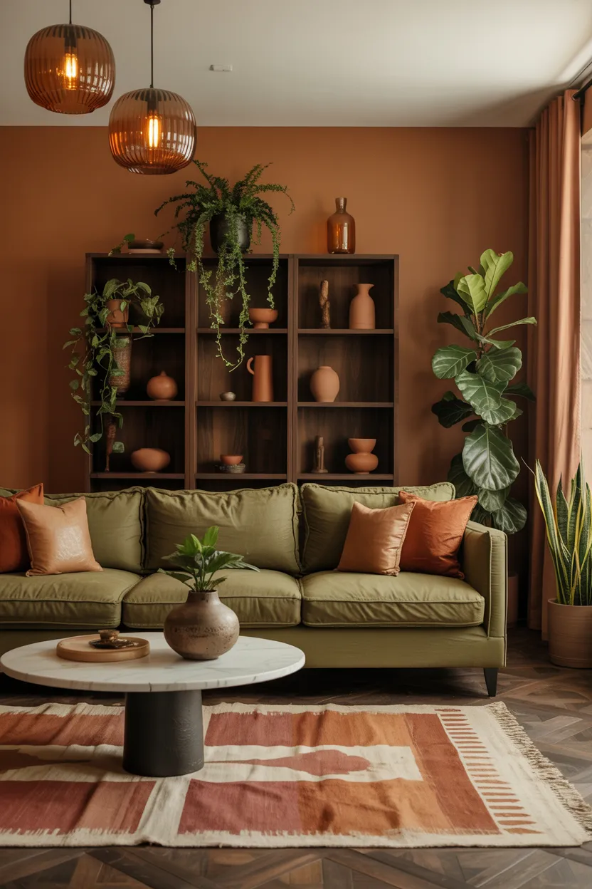 Burnt Sienna Living Room With Olive Green Accents