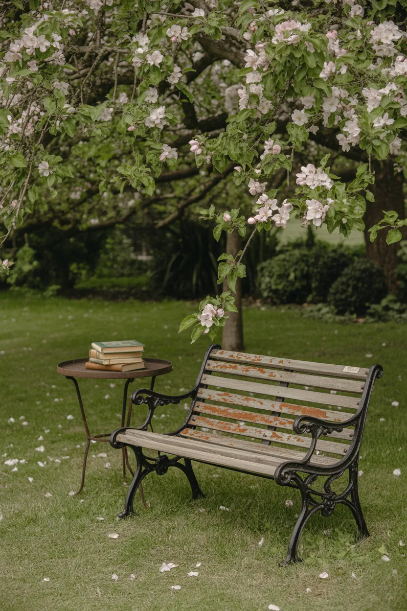 Antique Garden Bench Beneath a Fruit Tree