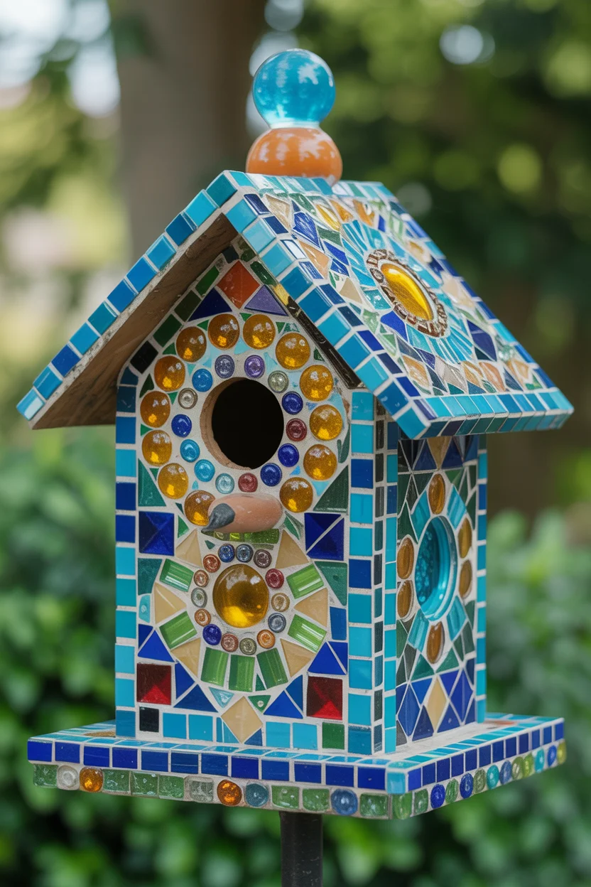 Mosaic Tile Birdhouse With Artistic Detail