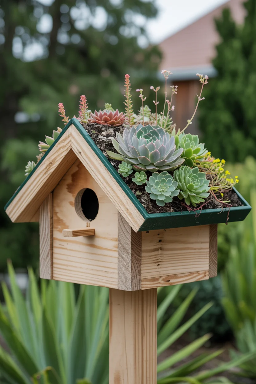 Living Roof Birdhouse With Succulent Garden