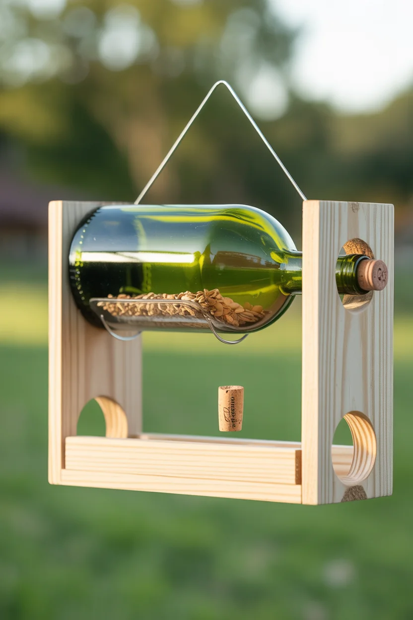 Upcycled Wine Bottle Birdhouse Feeder Combo