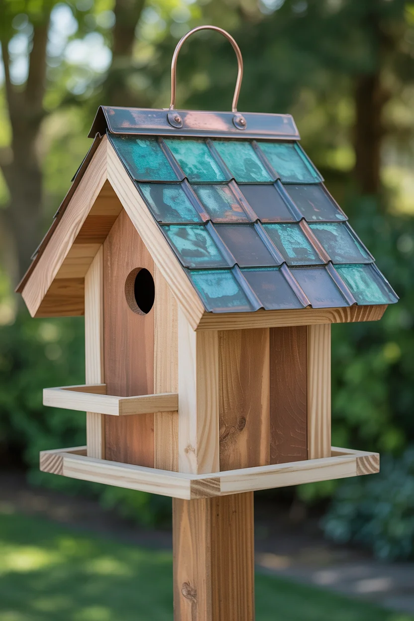 Copper Roof Birdhouse With Elegant Patina