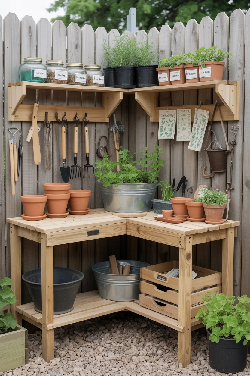 Potting Bench Corner with Organized Garden Storage