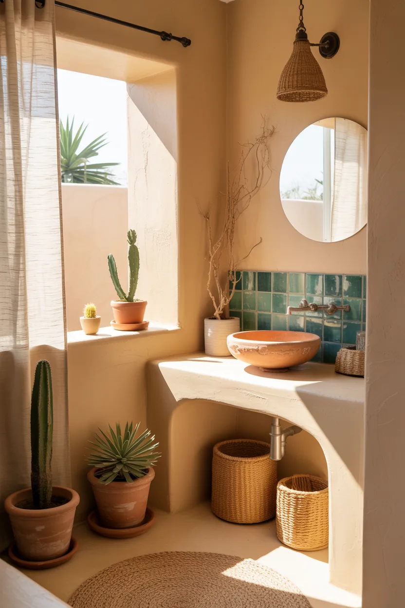 Desert-Inspired Boho Bathroom With Cactus and Warm Sand Tones