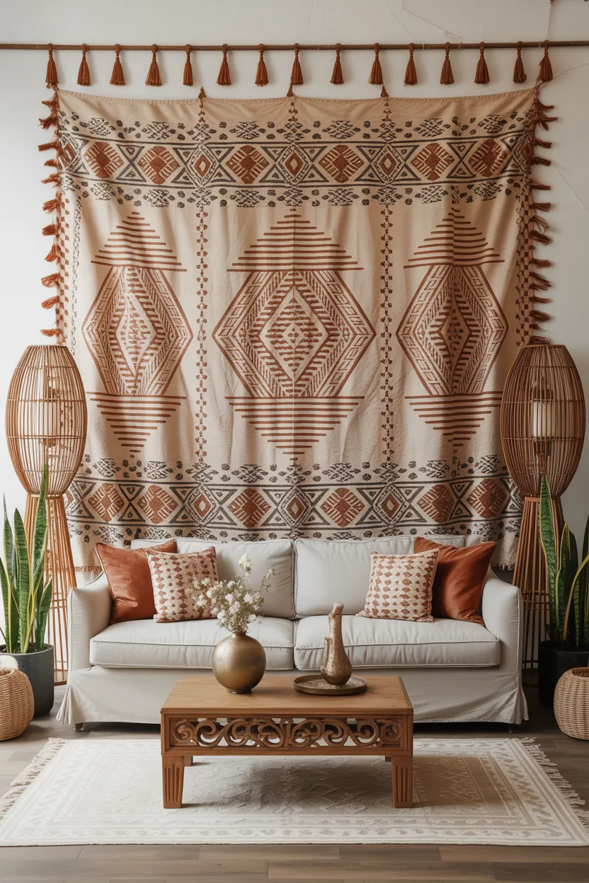 Boho Living Room With Full-Wall Woven Tapestry