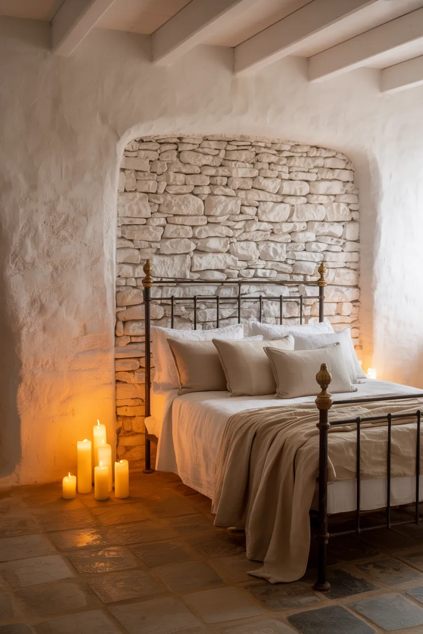 Whitewashed Stone Wall Bedroom With Candle-Lit Ambience