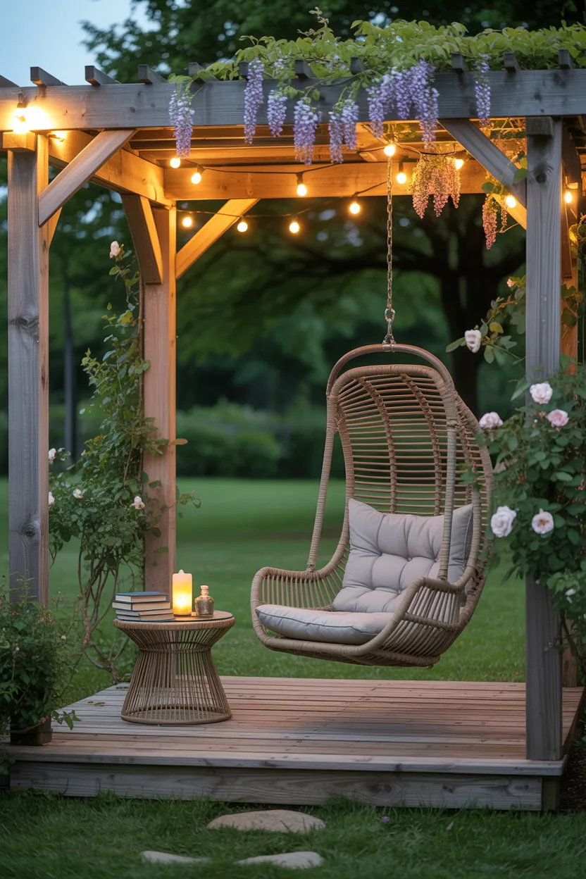 Outdoor Reading Nook With Pergola, Hanging Chair, and Fairy Lights