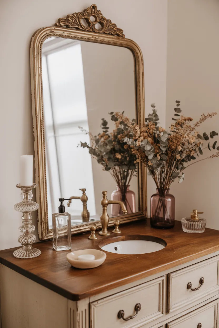 Vintage Vanity With Antique Mirror and Collected Perfume Bottles