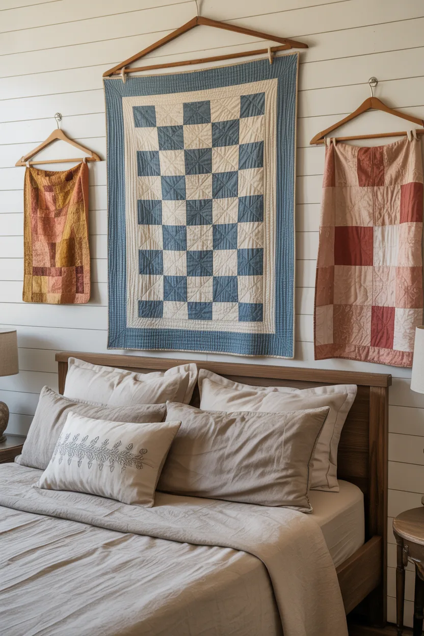 Vintage Quilt Gallery Wall Above the Bed