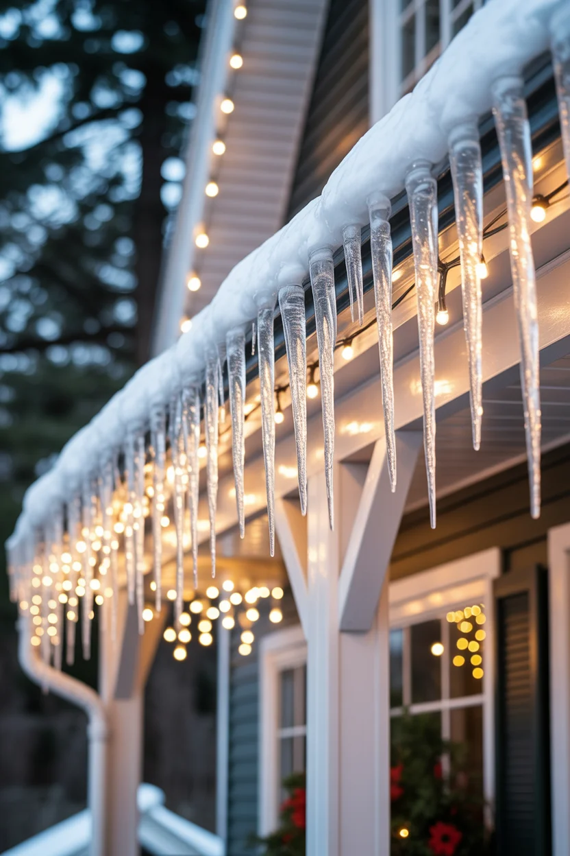 Illuminated Icicle Lights Along Roofline