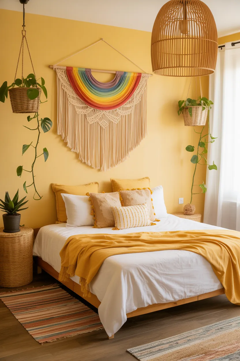 Sunny Boho Bedroom With Rainbow Macrame Wall Art