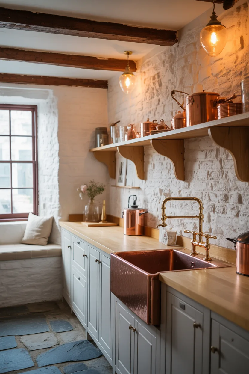  White Painted Stone Walls With Copper and Brass Kitchen Details