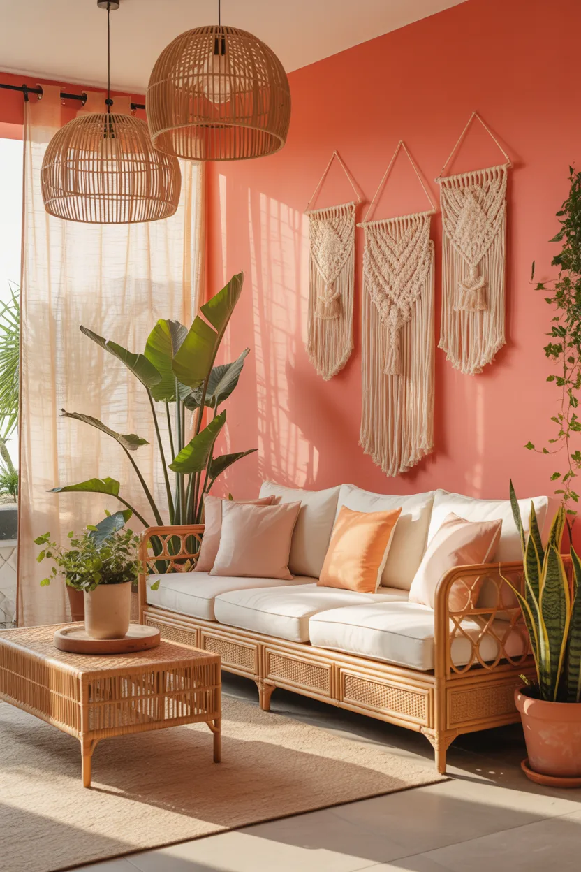 Bright Coral Living Room With Rattan and Linen