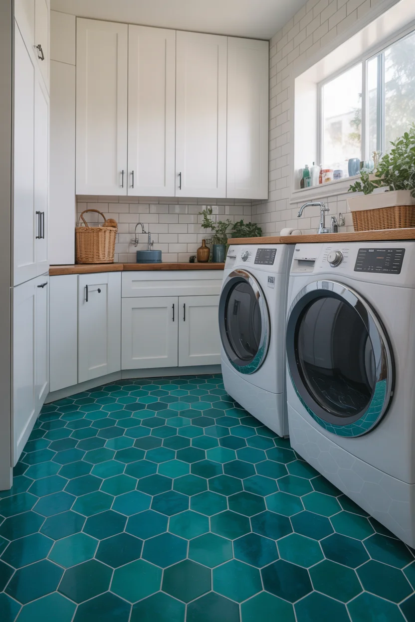 Teal-Green Hexagon Floor Tiles