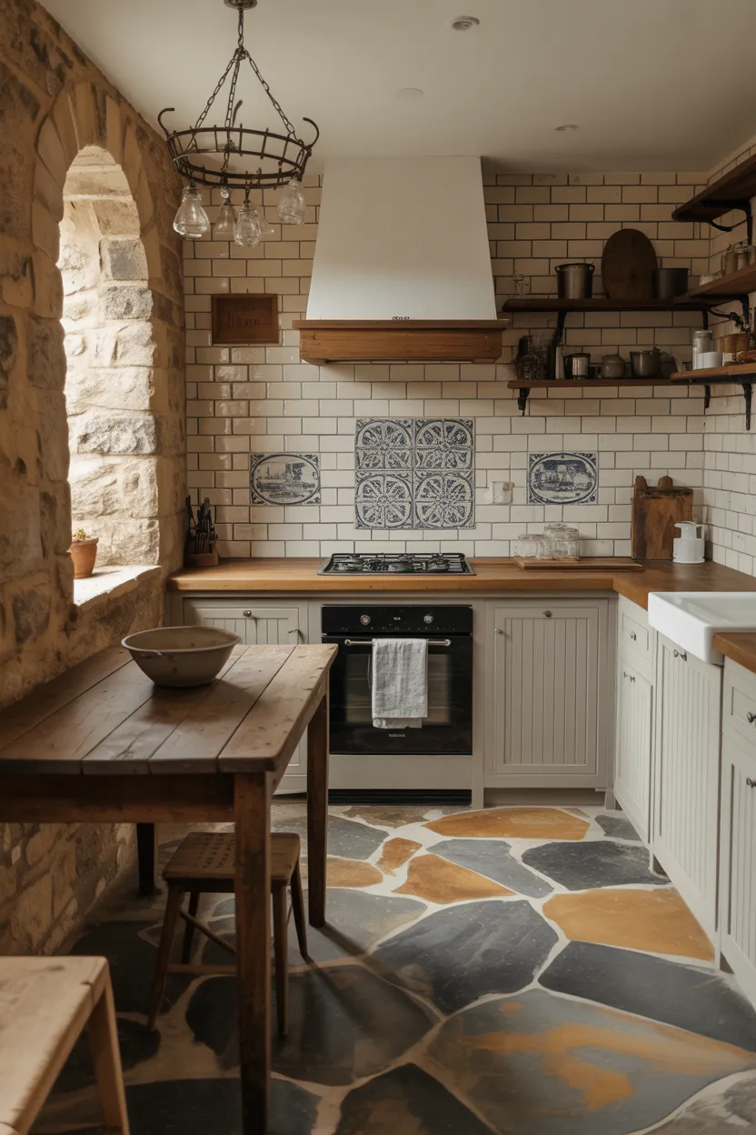Original Flagstone Floor With Hand-Painted Tile Accents