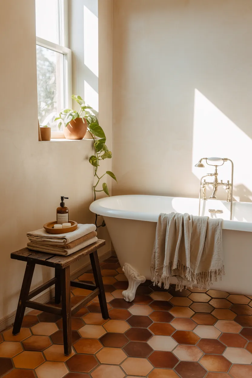Boho Bathroom Ideas Terracotta Tile Floor With Whitewashed Plaster Walls