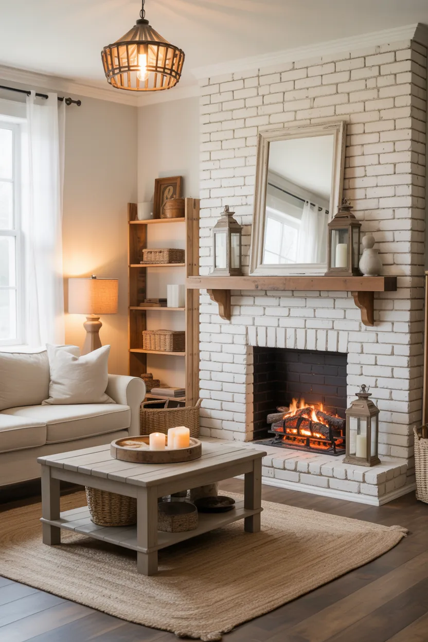 Whitewashed Brick Fireplace Wall