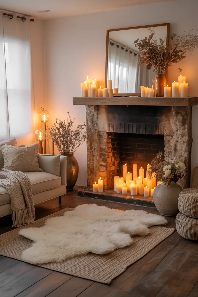 Boho Living Room With Natural Stone Fireplace and Candlelight