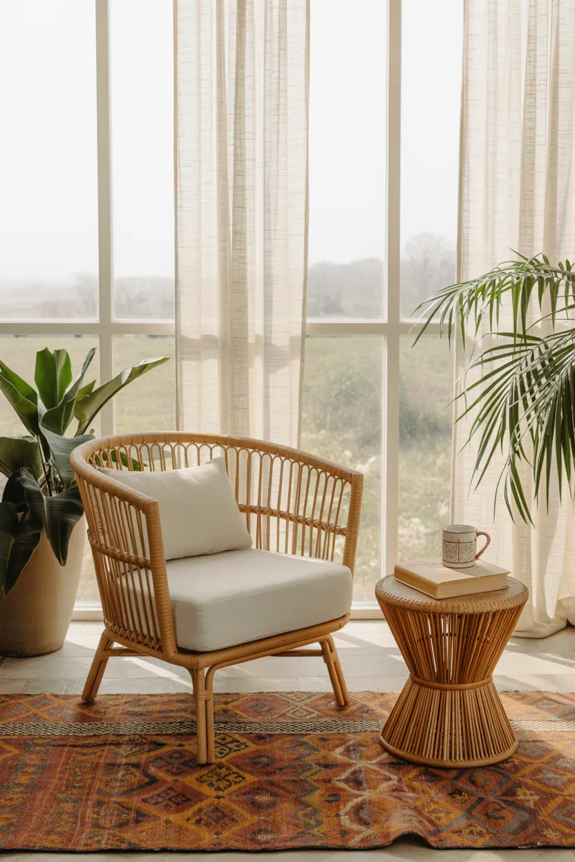 Sunroom Reading Nook With Rattan Chair and Potted Palms
