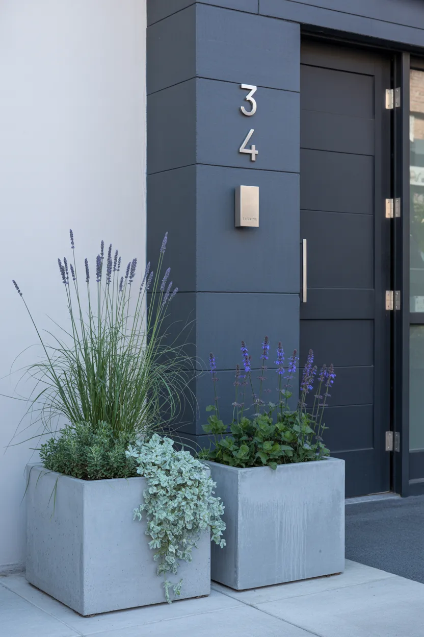 Modern Concrete Planter Pair with Ornamental Grasses