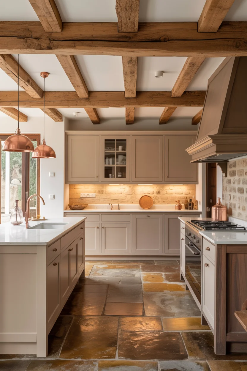 Warm Putty Cabinets With Exposed Timber Beams