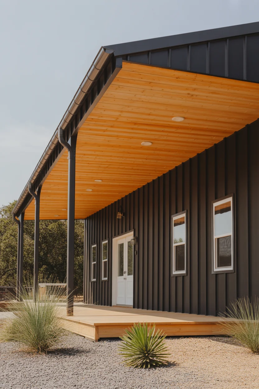 Matte Black Metal Siding With Cedar Porch Ceiling