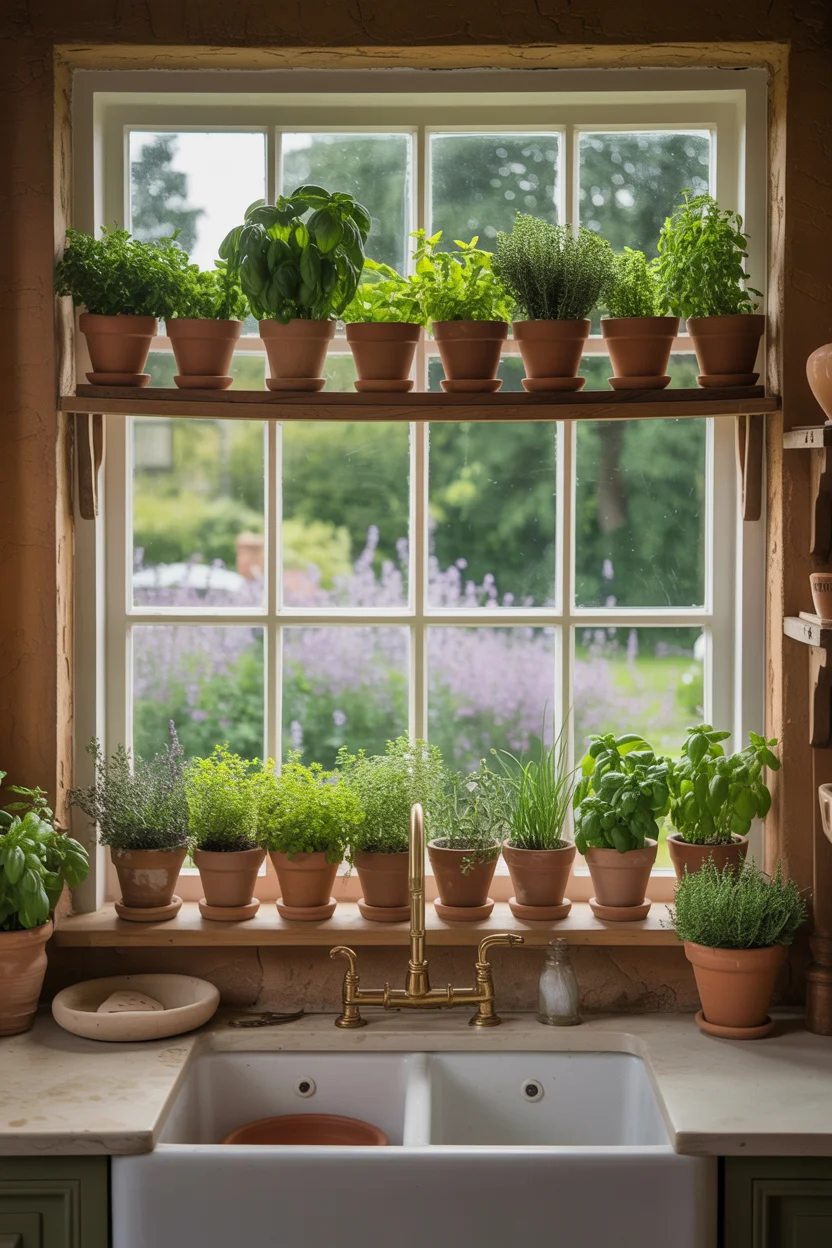 Garden-Facing Kitchen With Herbs on the Windowsill