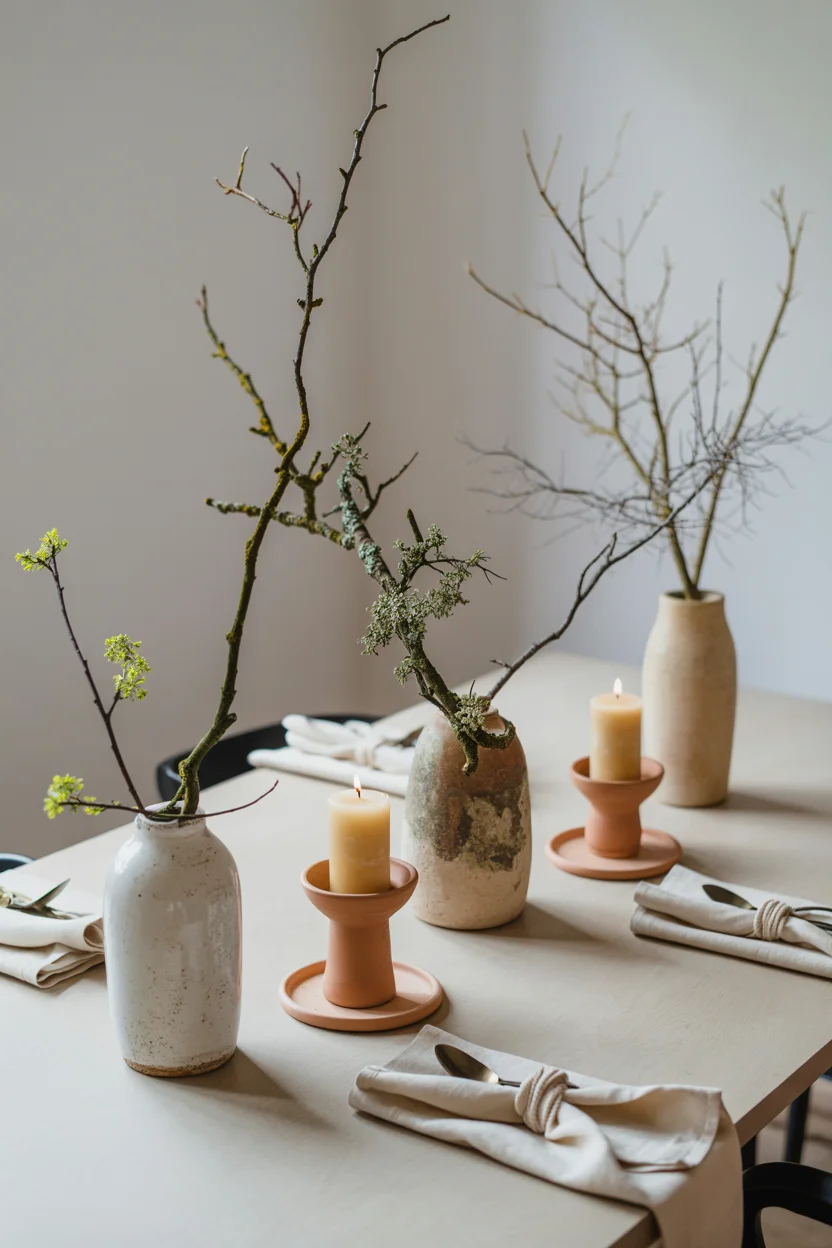 Foraged Branch Centerpiece in Ceramic Vessels