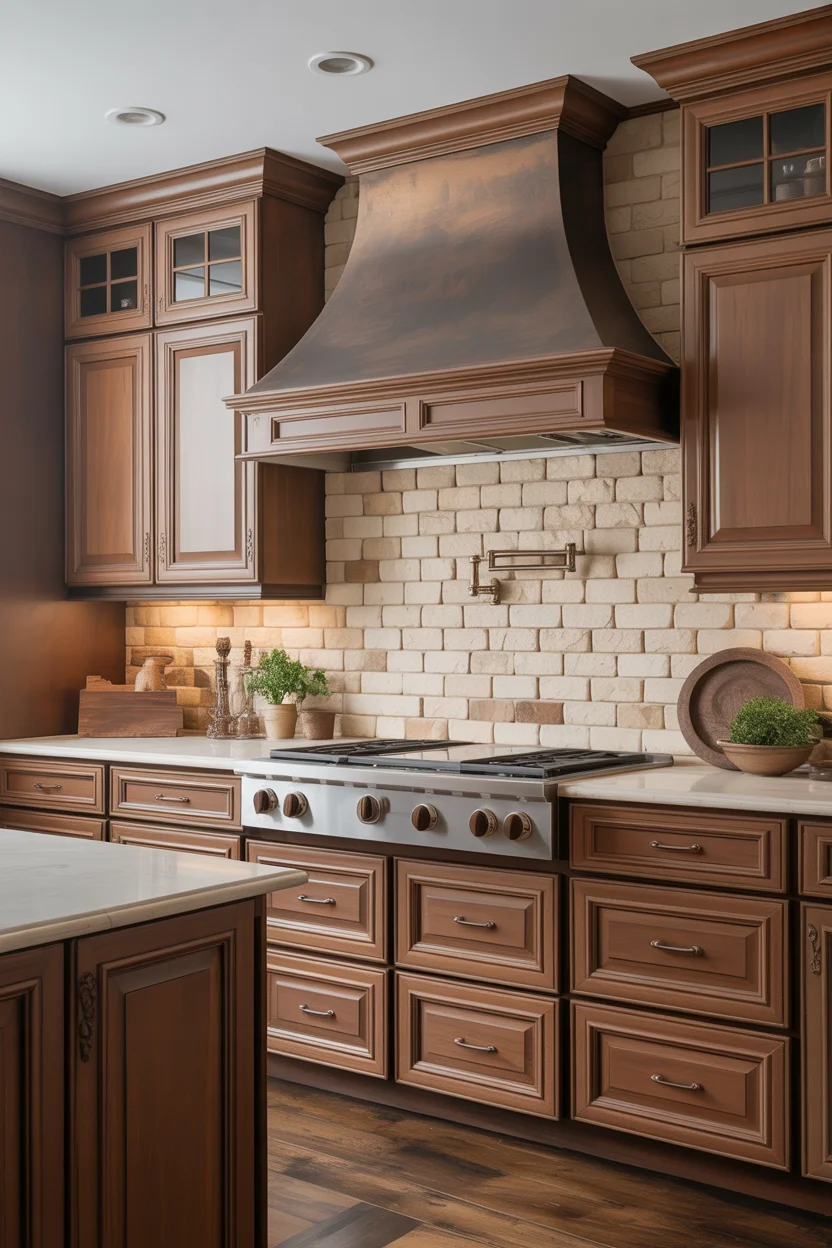 Warm Cappuccino Cabinets With Cream and Stone