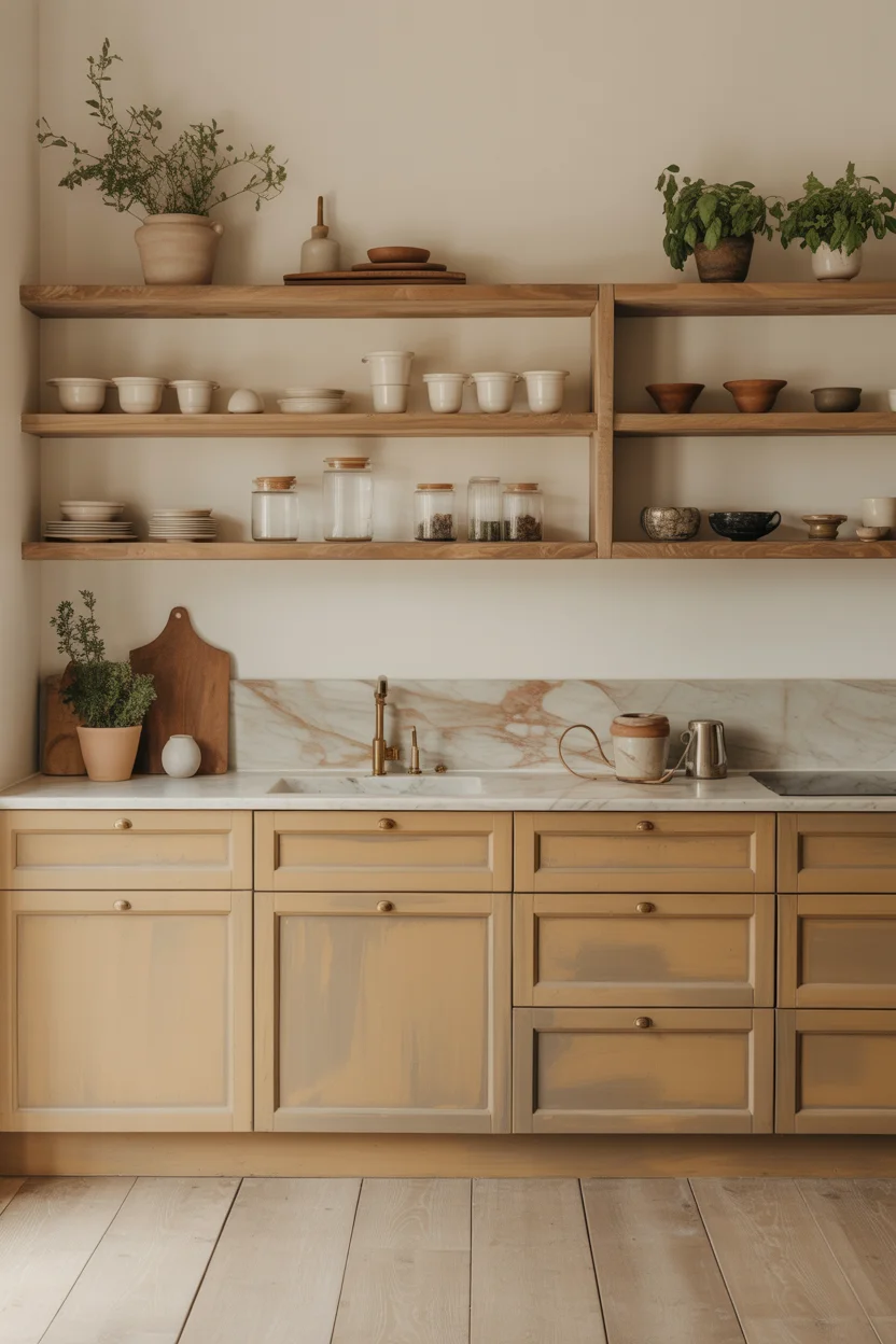 Warm Oat Cabinets With Raw Oak Open Shelving