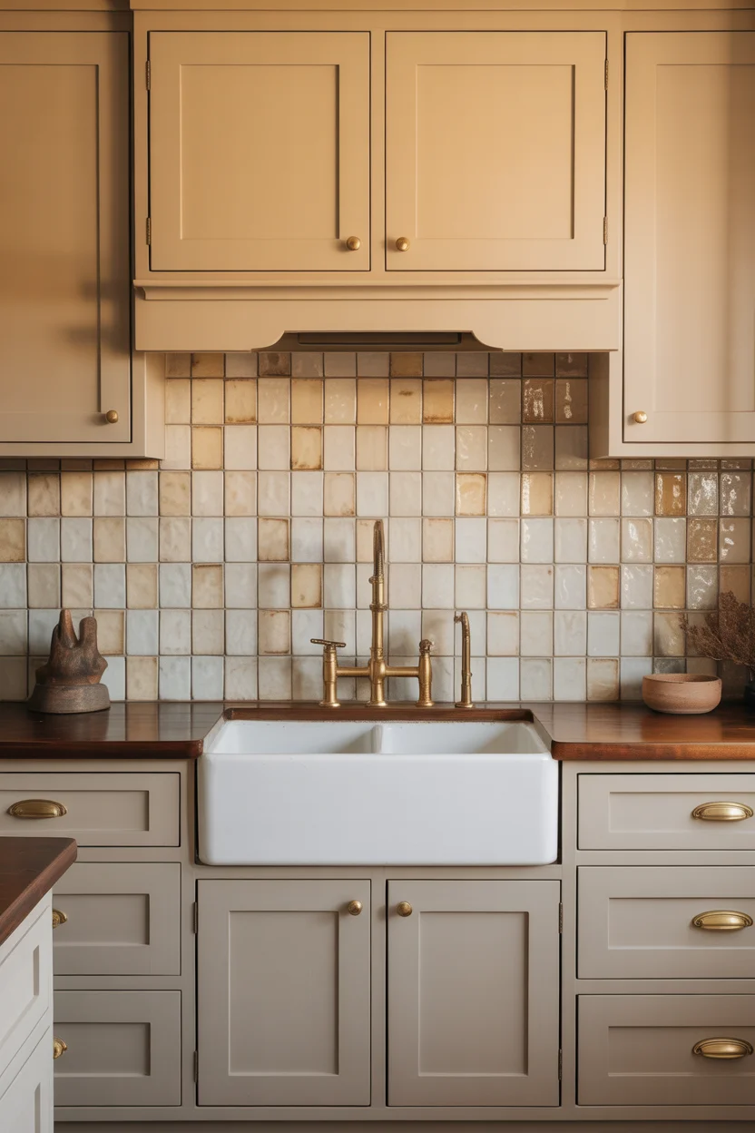 Warm Biscuit Cabinets With Handmade Tile Backsplash