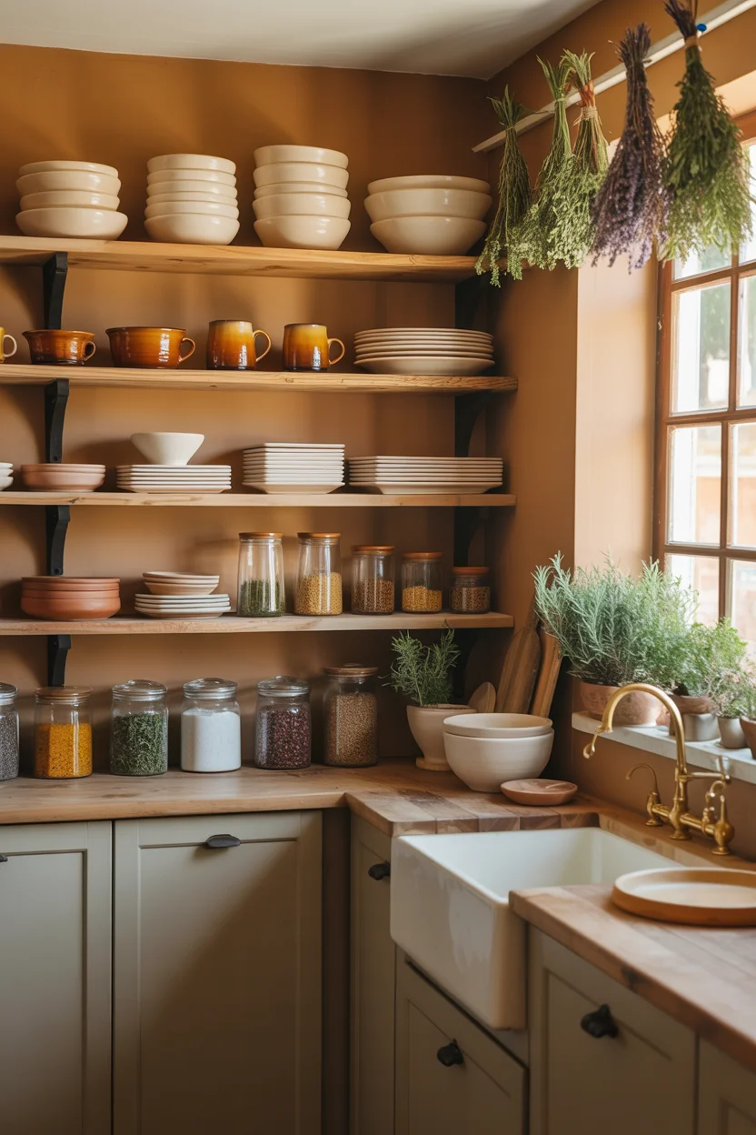 Cottage Kitchen With Open Shelving and Pottery