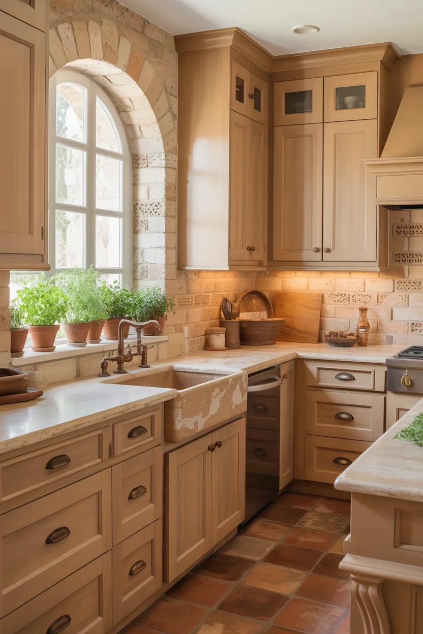 Sandy Beige Cabinets With Travertine Countertops