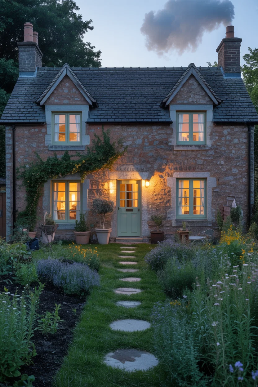 Cottage Home at Dusk With Warm Glowing Light