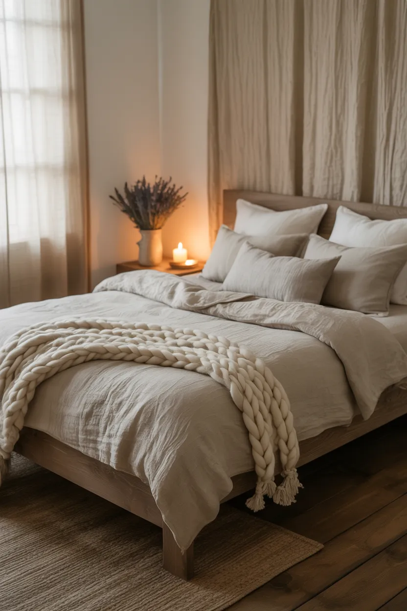 Cozy Farmhouse Bedroom Ideas Linen Bedding in Washed Oatmeal With Chunky Knit Throw