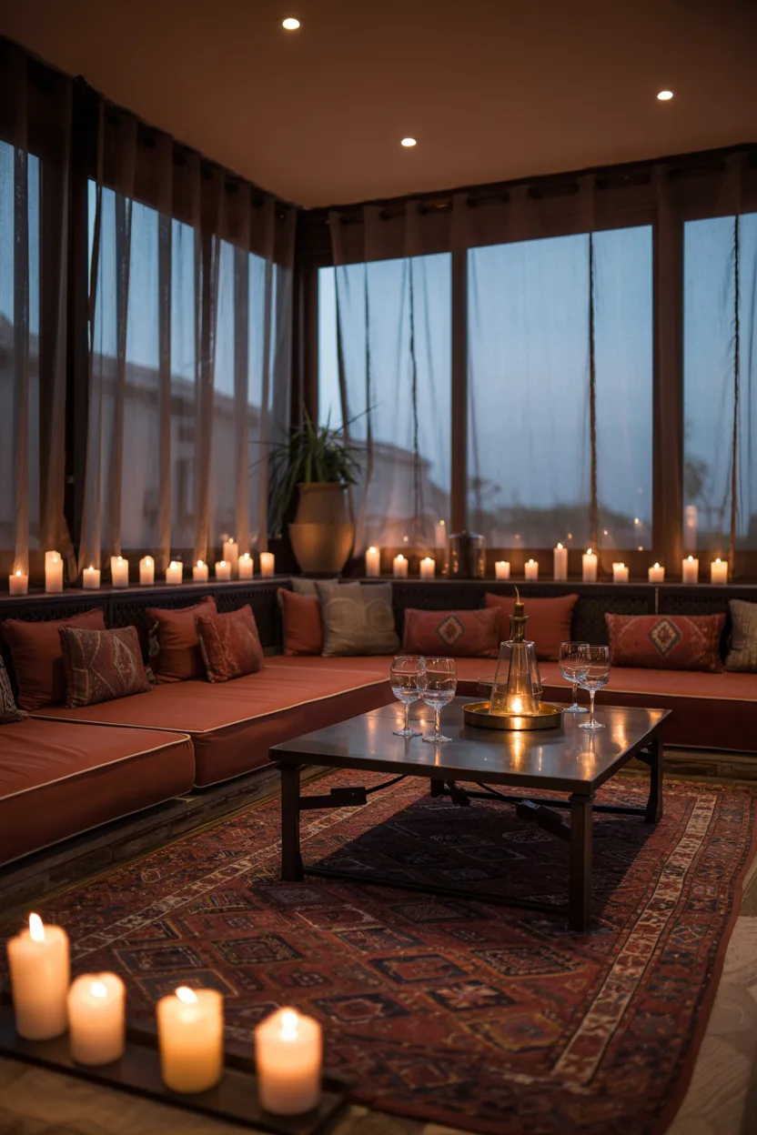 Sunroom Lounge With Low Seating, Candles, and Dim Ambient Lighting