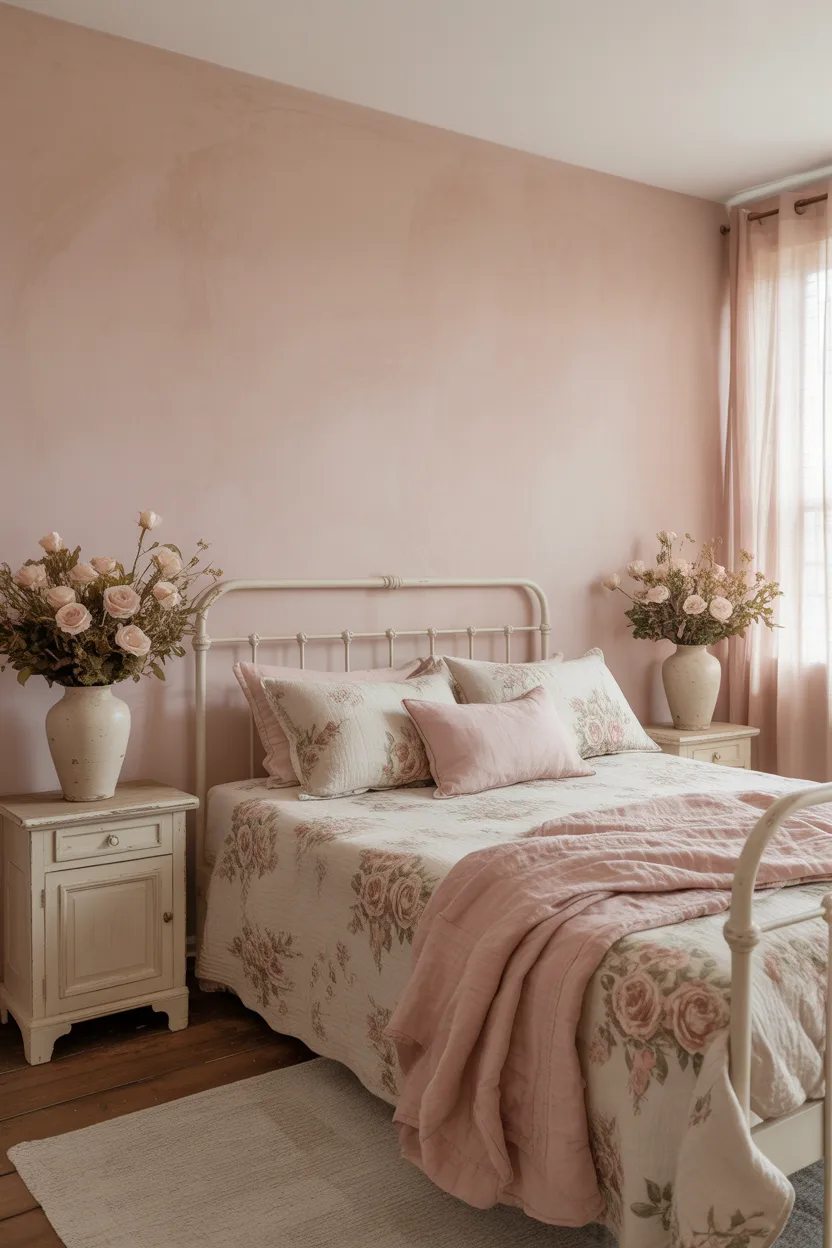 Soft Pink Farmhouse Bedroom With Vintage Rose Details